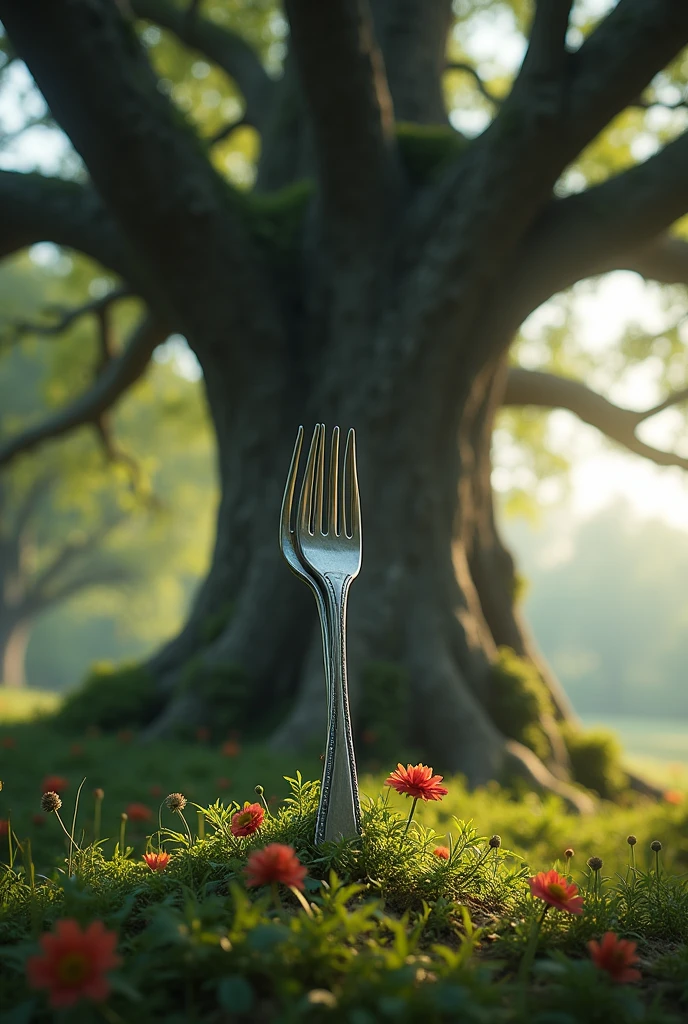 (photorealism:1.2), A fork in the fork and a huge oak tree