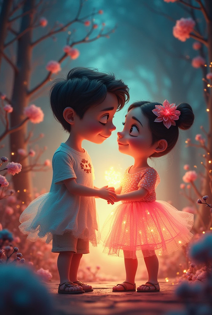 Create two animated characters in love named Serotonin (quiet) and Dopamine (happiness) inspired by the movie intensely