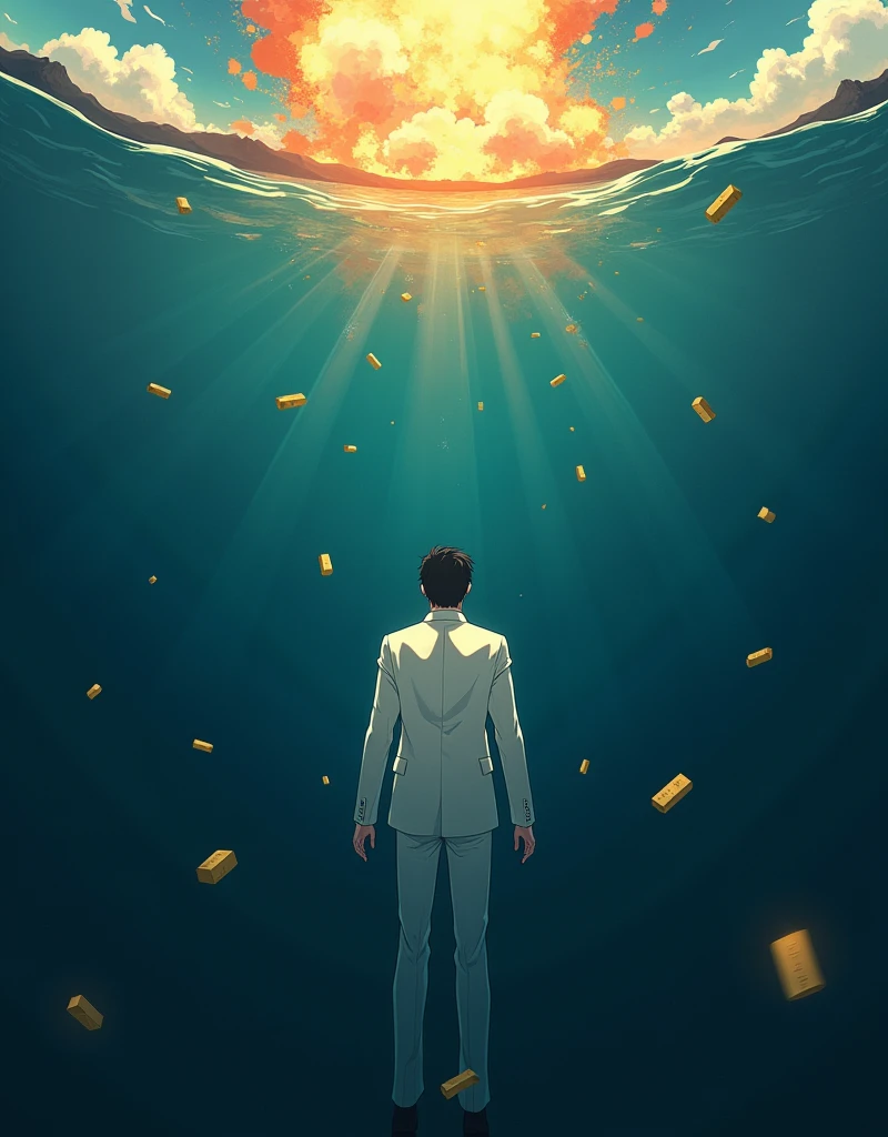 Create a anime style landscape image. Surreal digital artwork depicting a dead man horizontally sinking underwater and he wearing "white suit", sinking in a dark, deep blue environment. The man has dark hair and light skin, and "his body is oriented horizontally with his back facing the viewer". creating a stark contrast with the dark water below. Scattered around the man are several gold bars, adding an element of intrigue and symbolism to the scene. The overall composition is striking, with a strong contrast between the calm underwater setting and the chaotic explosion above.