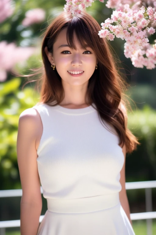 One girl,(RAW Photos, Highest quality), (Realistic, photo-Realistic:1.4), masterpiece, Very delicate and beautiful, Very detailed, 2k wallpaper, wonderful, In detail, Very detailed CG unity 8k wallpaper, Very detailed, High resolution, Soft Light, Beautiful detailed, Very detailed eyes and face, Beautifully detailed nose, Beautiful attention to detail,Cinema Lighting,Perfect Anatomy,A slim figure in a white peplum dress,White Skirt(Bokeh:1.2)
Flowers in the park,Cherry Blossom,garden,
smile