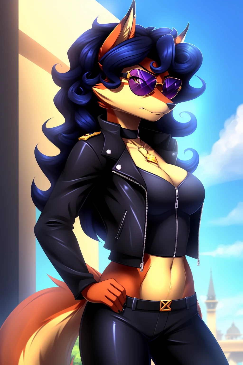 By zinfyuu on pixiv,by twistedscarlet60, uploaded on pixiv, by fluff-kevlar, (masterpiece), (best quality), (anthro furry:1.3, snout:1.2, anthro:1.3, furry:1.2, solo female:1.2), (extremely detailed:1.3), (Detailed eye part: White lens, brown iris,black cornea), tall, slim body, orange fur, carmelita fox, carmelita, black leather jacket:1.5), black jacket, leather jacket, black leather pants, black pants, leather pants, (sunglasses:1.2), rectangular sunglasses, dark sunglasses, dark glasses, black sunglasses, serious face, serious expression