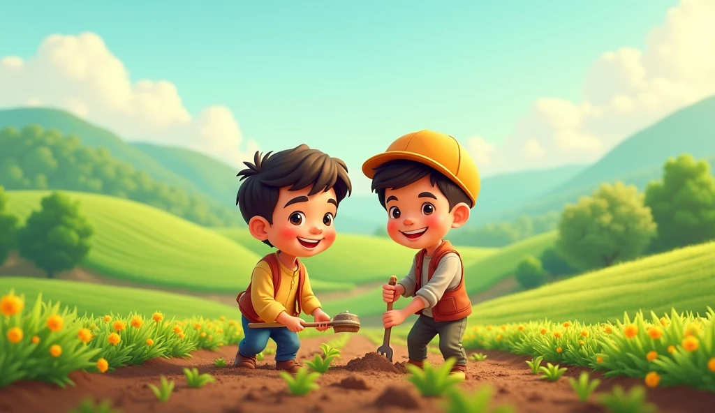 Two brothers working together in the field they love each other thumbnail cartoon two brothers short sty write their names one side Hassan and other side Ali