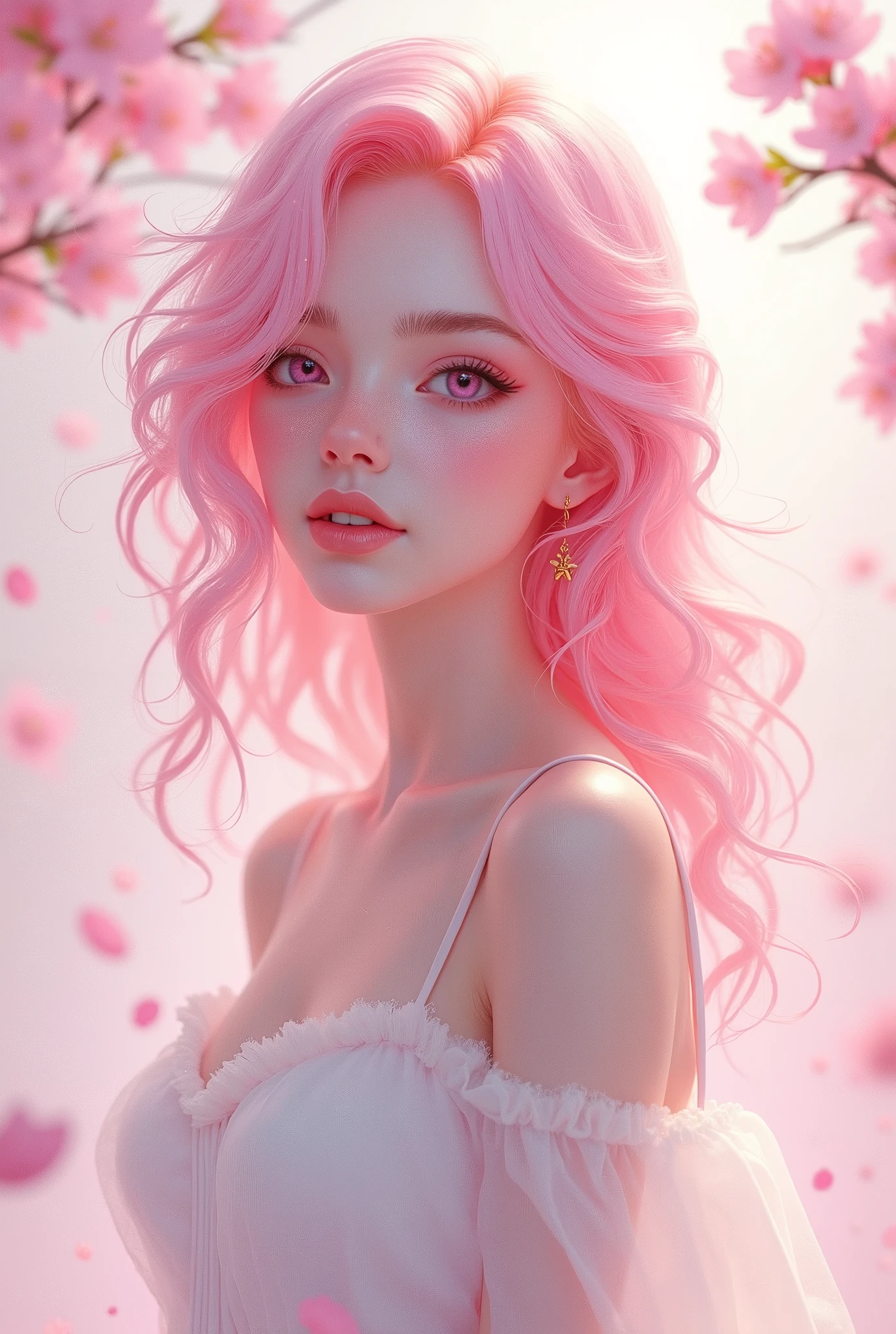 Light pink hair, pink eyes, pink and white, sakura leafs, vivid colors, white dress, paint splash, simple background, ray tracing, wavy hair