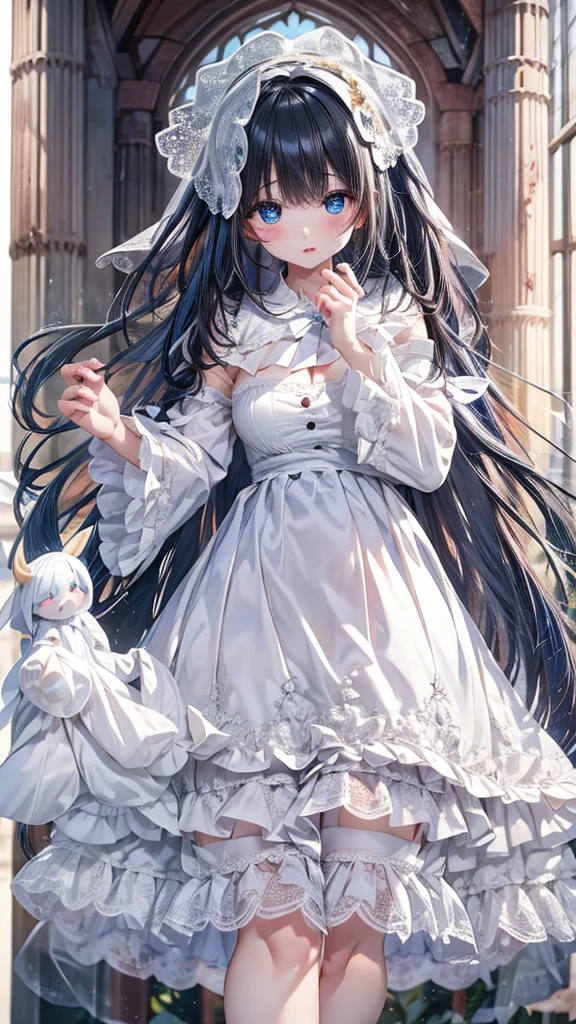 Very detailed、Many details、Accurate Fingers、Exact number of arms、high resolution、Ghost Girl、Standing with a thick book、Look down、White embroidered veil、White long sleeve frilly dress、There is a slit on the thigh、Large Breasts、Blue dark eyes、Big eyes、A captivating expression、barefoot、cute、Black Hair、A fragile face peering at me、beautiful、Abandoned Church、Western cemeteries