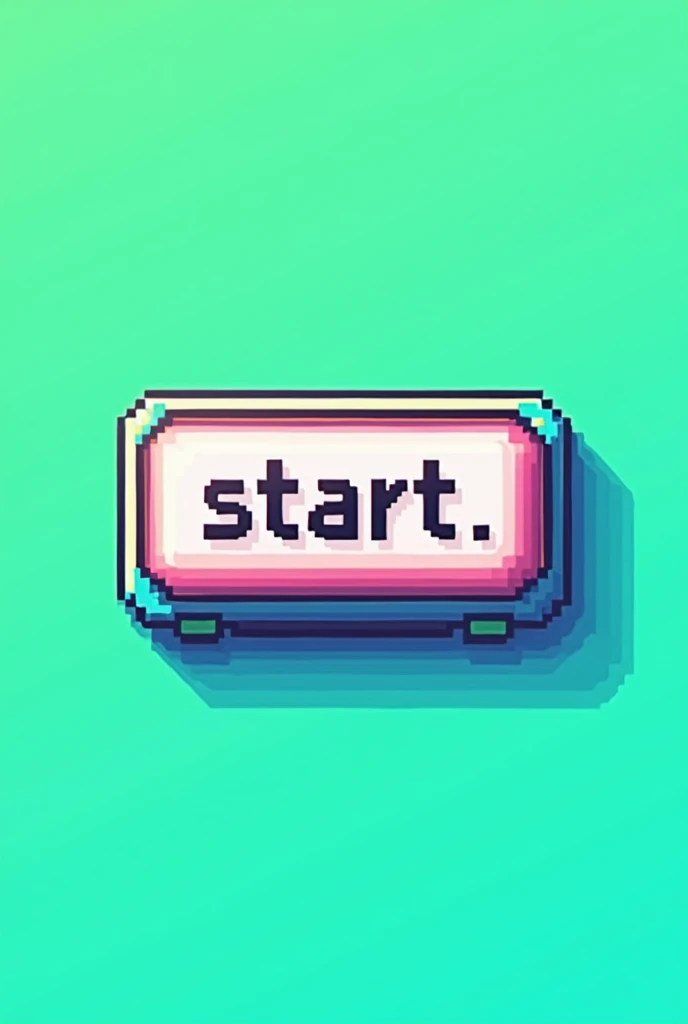Create a rectangular button with rounded edges in pixel art for "Start", using a vibrant color like lime green or cyan blue for the background. O texto "Start" should be bold and white or black for contrast. Add a thin border or a subtle glow effect to make the button more eye-catching. Include a soft shadow to give a lifting effect.