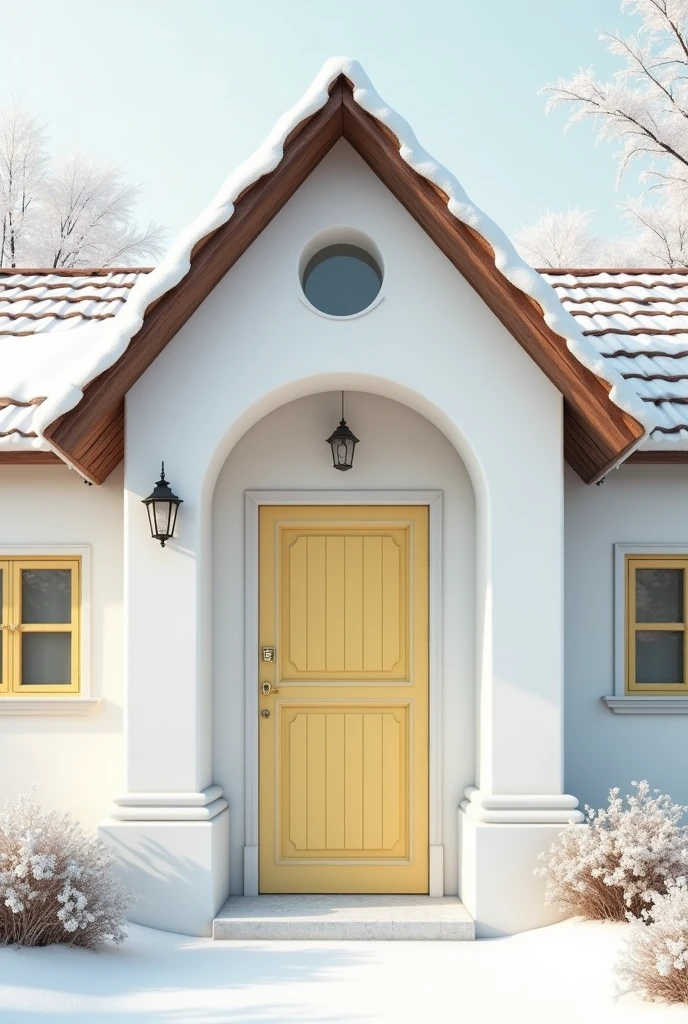 That same house, the wall being snow white, and the two pastel yellow lines. And the roof above the gate is chocolate brown, chocolate brown wooden gate, e portao de grade de cor branco.