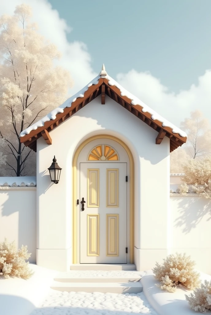 That same house, the wall being snow white, and the two pastel yellow lines. And the roof above the gate is chocolate brown, chocolate brown wooden gate, e portao de grade de cor branco.