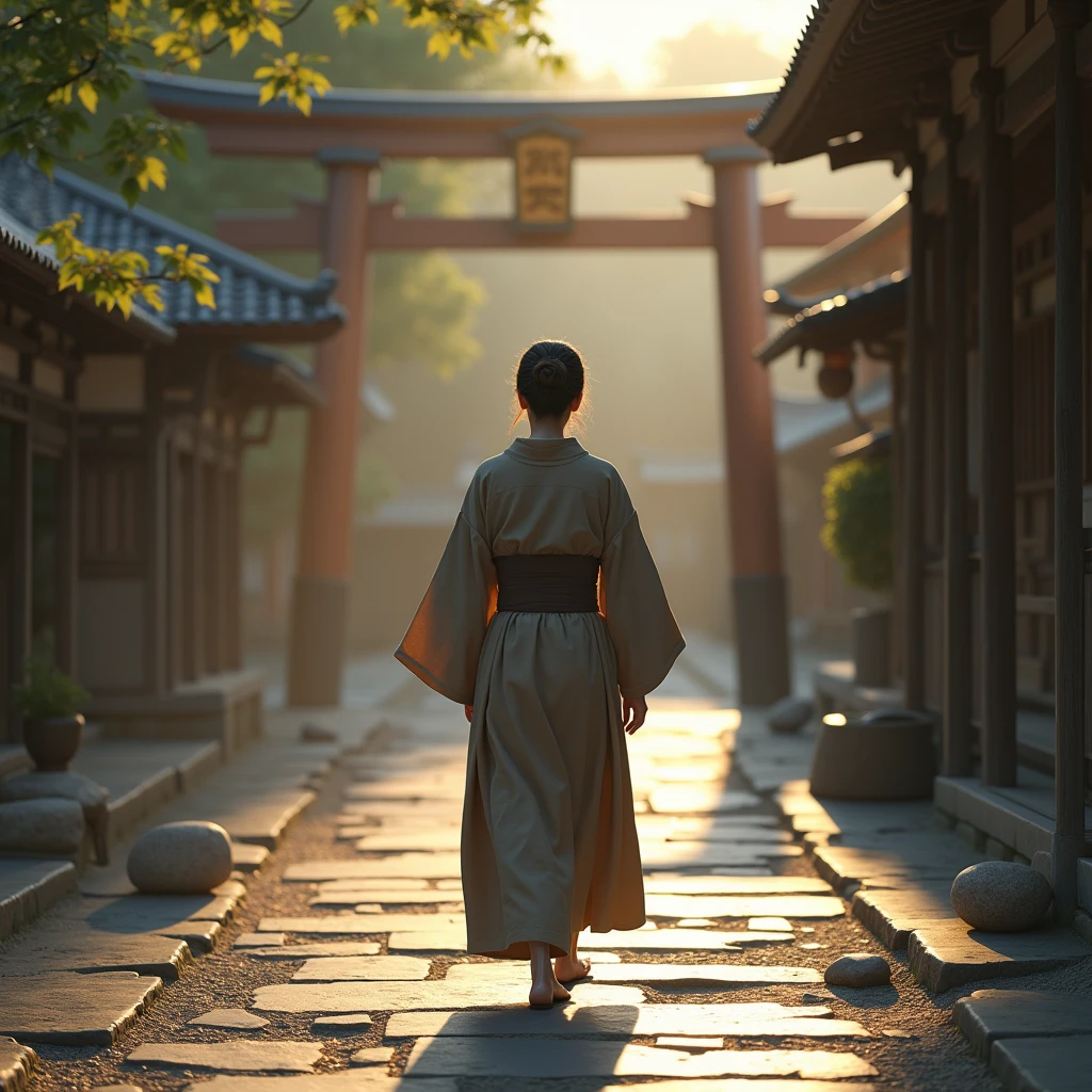 Create a highly realistic, photorealistic scene of a young woman from the Muromachi period of Japan. She is dressed in a simple, modest kosode (Small sleeves) made from natural, unadorned fabrics, with muted, earthy colors such as soft browns or grays. The kosode is tied with a simple obi around her waist. The fabric should be textured and appear natural, with the folds and drape of the cloth behaving realistically according to her movement.The woman’s hair is styled simply in a low, neat bun at the back of her head, with a few loose strands framing her face naturally. She walks with reverence through the grounds of a Shinto shrine during the early hours of the morning. The light is soft and warm, with the first rays of dawn filtering through the trees and casting long, gentle shadows across the stone path. The sunlight creates a soft glow, highlighting the textures of the natural surroundings and the wooden architecture of the shrine.The shrine itself features traditional wooden structures, including a large torii gate in the background. The wooden beams are weathered but sturdy, with natural grain and subtle signs of age. The path she walks on is lined with stones, slightly damp from the morning dew, and the surrounding trees are lush, casting dappled light across the scene.The atmosphere is tranquil, with the woman walking in solitude through this serene setting. Everything from the texture of the stones to the soft rustling of leaves in the gentle breeze should feel immersive and real, capturing the peacefulness of a shrine visit at dawn. The colors are natural and muted, with soft, warm tones from the morning light enhancing the overall sense of calm and reverence.