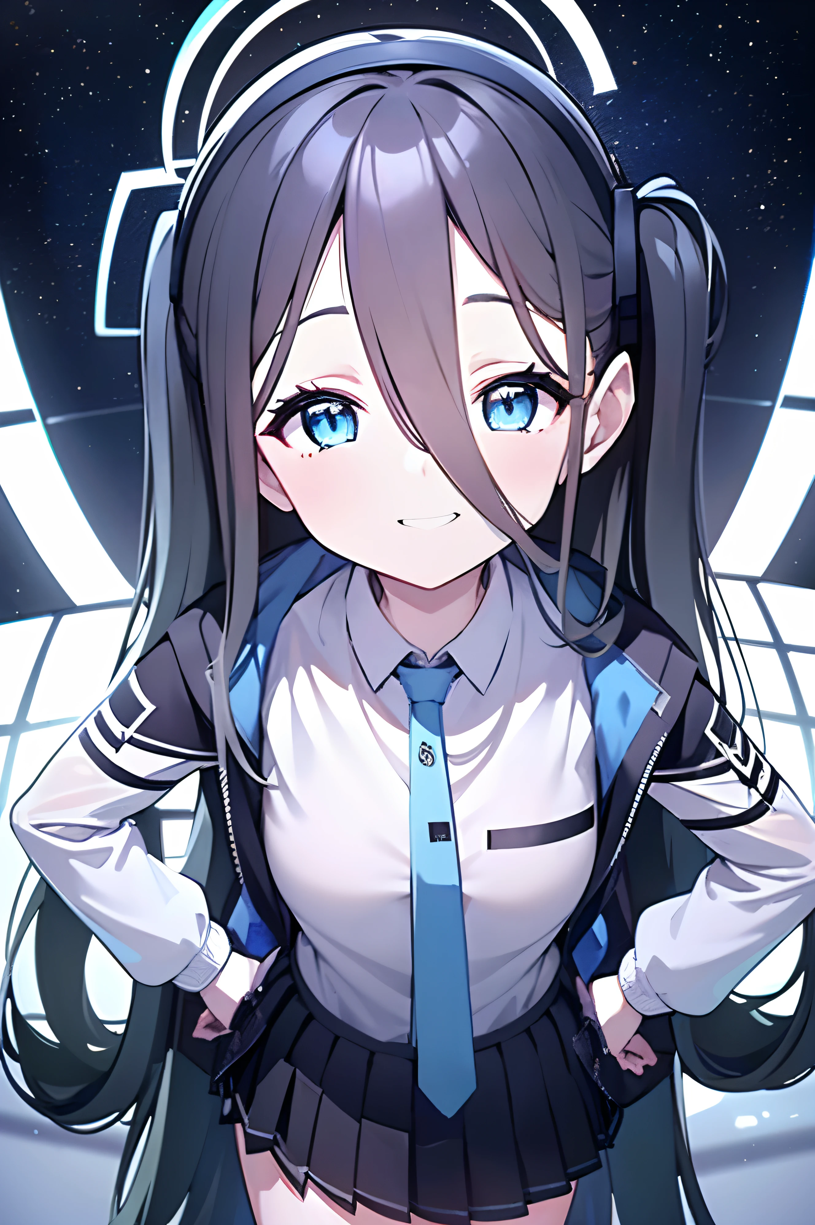 Pure Eros Face_v1:0.66)、Highest quality、Ultra-high resolution、(フォトリAliceティック:1.4)、1 girl、Finely grained、Heavy eye makeup、thinウエスト、blush、K-Pop Idols、(charm:1.0)、High-quality eye makeup、Puffy eyes、solo、Perfect Anatomy、(Huge boobs)、(thin)、(Black-haired:1)、(Looking at the audience).(original_Alice)、(Light blue tie)、(Marine blue eyes),(Table),(Alice_Hello:0.7),(Blue Hello),(Laughter),(happiness),(Pigtails),(Hair length),(Long Bangs),(Blue Archive),(Black hair band),(Long coat),(school uniform),(White long sleeve shirt),(Pleated skirt),(Navy Blue Skirt),Depth of written boundary,Facial details,Skin Radiance,Beautiful Eyes、Heavy eye makeup、thinウエスト、cheek、High-quality eye makeup、solo、Perfect Anatomy.Put your hands on your hips.On the chest.View from above.Clench your fists.