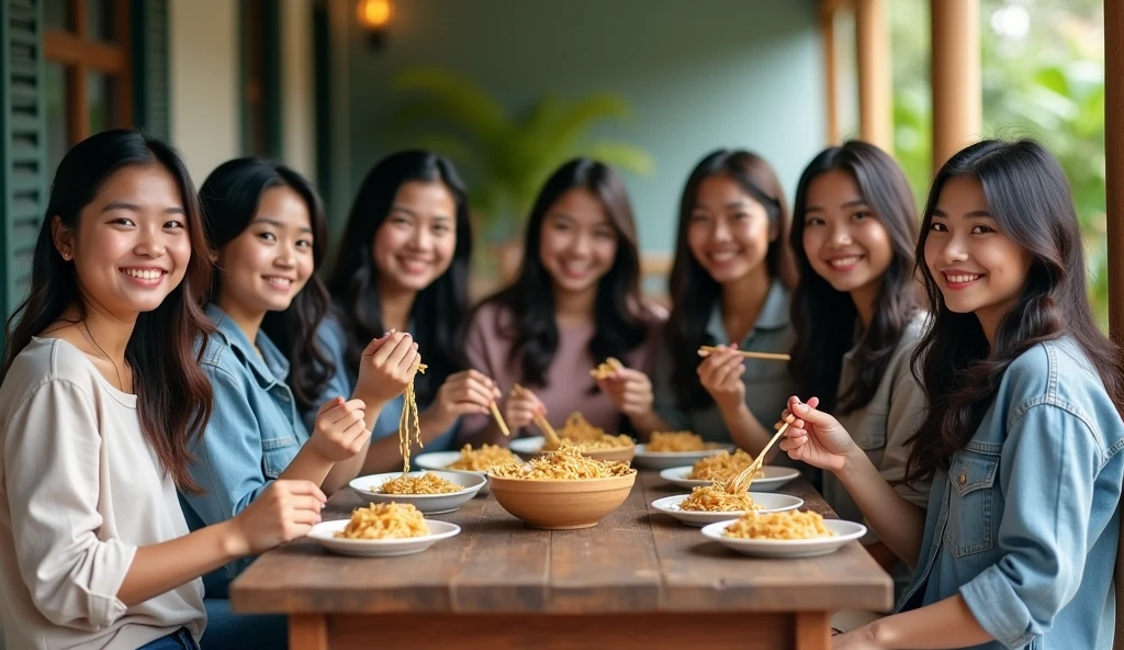 7 Beautiful Indonesian Women, his body is quite fat, fair skin, big nose, long wavy hair, wearing a denim jacket, long pants, wearing pink sneakers, sit down, eating position, on the table there are chicken noodles, happy faces all facing the camera, in front of the country house, morning mood, minimal defects, very detail, realistic, 8K picture