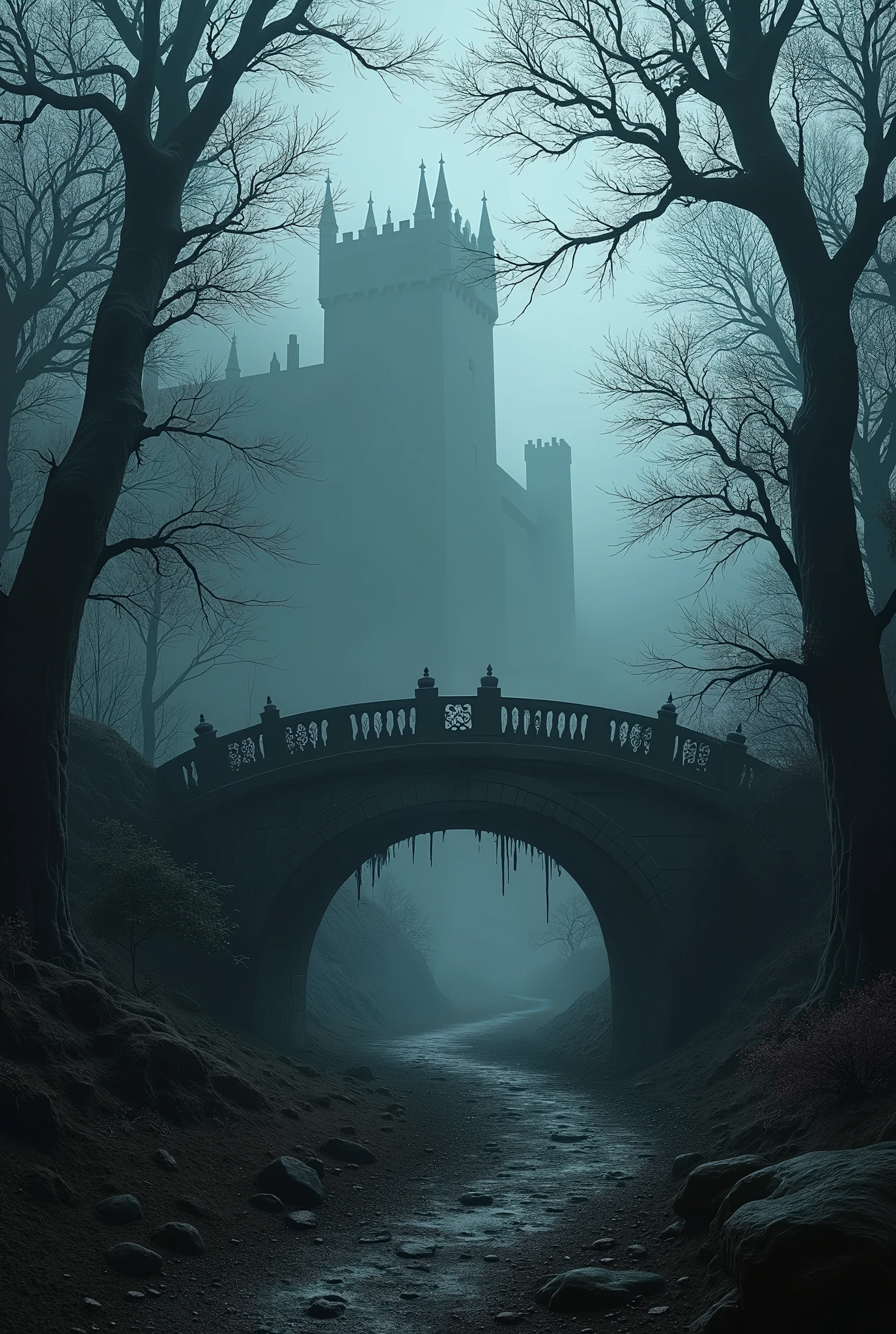 dark image of bridge in dark forest with castle in background, a matte painting, inspired by Andreas Rocha, winner of the cgsociety competition, fantasy art, moody misty fantasy art, dark fantasy art, dark fantasy landscape, dark fantasy concept art, fantasy horror art, dark fantasy art, fantasy dark art, dark fantasy artwork, dark fantasy setting