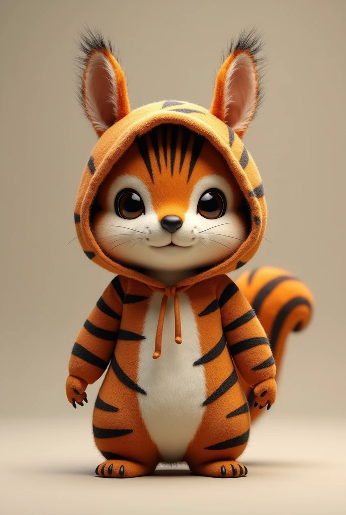 Brown hooded squirrel doll with tiger design