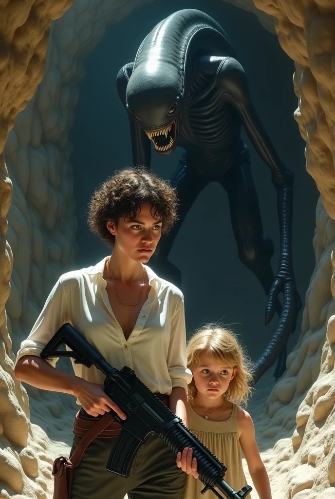 Generatea woman with short curly hair, in a white blouse, and she is with a little blonde girl in old clothes, the woman is holding a machine gun, and she is sweaty, and she is in a cave, and behind him is a big skinny alien xenomorph , he is black and has sharp teeth