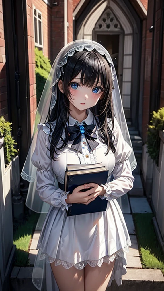 Very detailed、Many details、Accurate Fingers、Exact number of arms、high resolution、Ghost Girl、Standing with a thick book、Look down、White embroidered veil、White long sleeve frilly dress、There is a slit on the thigh、Large Breasts、Blue dark eyes、Big eyes、A captivating expression、barefoot、cute、Black Hair、A fragile face peering at me、beautiful、Abandoned Church、Western cemeteries
