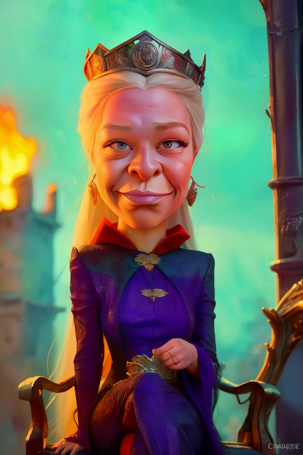 (((caricature style: 1.5))), exaggerated features, bold lines, vibrant colors, digital painting, cartoonish, big head, smiling, long neck,  (( Rhaenyra Targaryen caricature, exaggerated features, silver hair flowing in the wind, intense purple eyes)) , Wearing a crow, regal yet determined expression, dragon scales subtly integrated into her clothing, sitting on an iron throne made of dragon bones, background of a burning city, dramatic lighting, digital painting, cartoonish, bold lines, vibrant colors, high contrast, sharp details, fantasy elements, medieval atmosphere, epic and powerful, (masterpiece: 2), best quality, ultra highres, original, extremely detailed, perfect lighting
