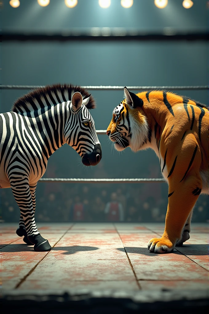 MMA fight in an Octagon ring with a Zebra facing a Tiger