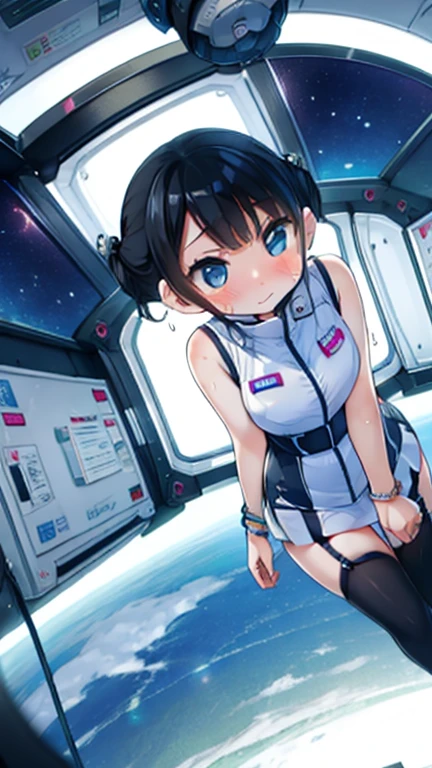 (Highest quality), (masterpiece), 1080P, High resolution, 4K, 8k, Inside the space station、Futuristic room、Thigh straps, Shooting from directly below, The woman on top of me, 白いSweat, Covered , Sweat, Woman looking down, Skirt swimsuit, Thigh-high socks, To achieve this, , , whole body, Black leather shoes, Braided hair, Inner Color, Embarrassed face, Short black hair, bracelet, Bedroom,celestial body_Vest