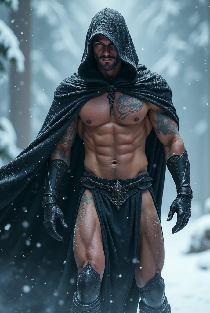 Sexy thin muscular wizard with big crotch bulge in the cold snow storm, muscular wizard in the cold snow. Men in sexy magical underwear. Sexy wizard male. Wizard with a big dark powers. Hairless handsome man fighting in the snow. Wizard with shiny tattoos in his arms and a long black hood.