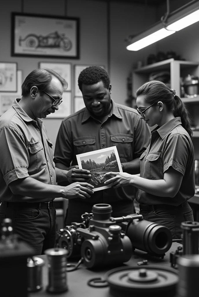 Realistic black and white photography.
antique style, 80s.
containing 3 mechanics in a workshop, looking at the photo.
Ao fundo da foto, there are mechanical drawings hanging on the wall.
One of the mechanics has a mustache and wears round glasses..
the second mechanic is black.
the third mechanic is a woman with glasses and tied up hair.
Todos estão looking at the photo enquanto trabalham em uma peça.