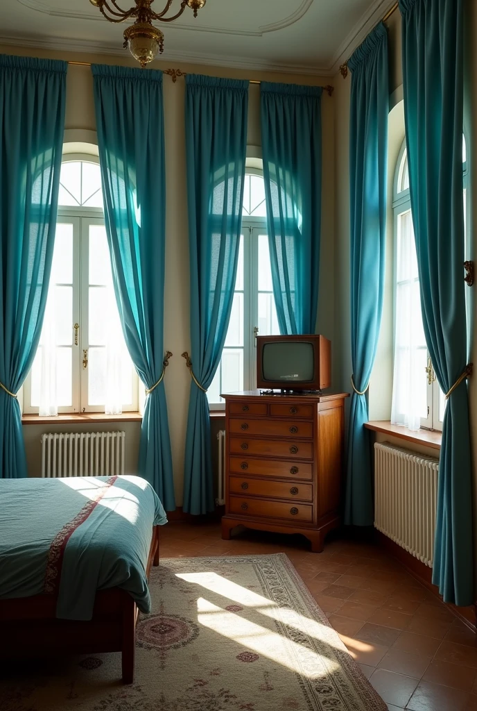 Por favor, draw a room, realisitic. 3 meters by 3 meters.
On each wall exactly 3 sky blue curtains of the same size, perfectly organized, closed so that it is not possible to see the wall behind them.
In a corner of the room a simple bed, with antique wooden headboard. Leaning the headboard against one wall and the left side of the bed against another wall In front of the bed, on the front wall, horizontally in the middle, a rack with 6 drawers and an old television.
Old tiled floor, brownish Do not add any details other than those described. Be precise with the quantities you wrote
