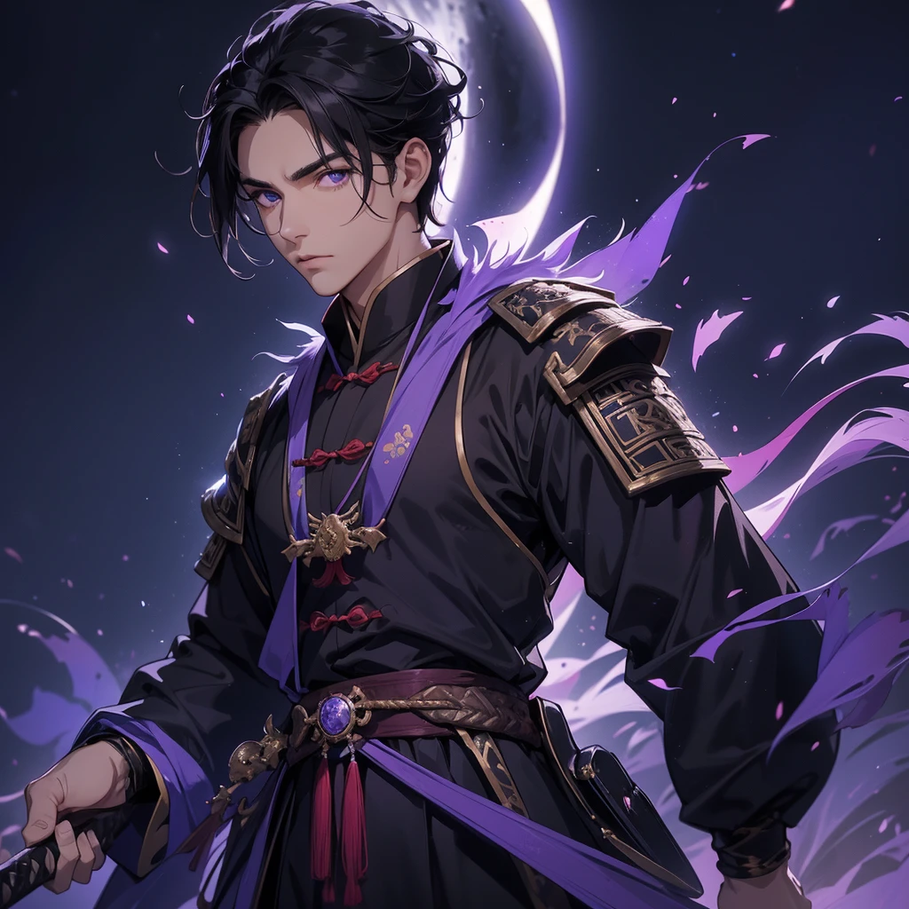 A Handsome black-hair male holding a large sword in an ancient chinese costume, Background is a dark moonless night, with dry trees in the background, and purple glowing light,close up.