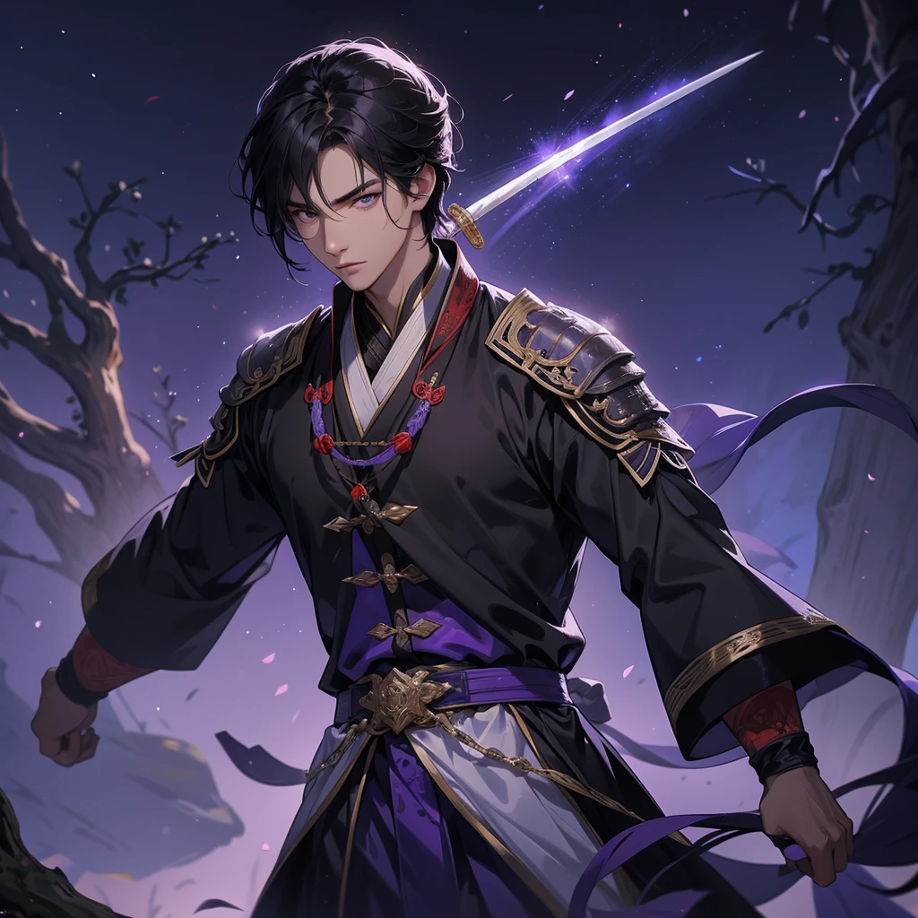 A Handsome black-hair male holding a large sword in an ancient chinese costume, Background is a dark moonless night, with dry trees in the background, and purple glowing light,close up.