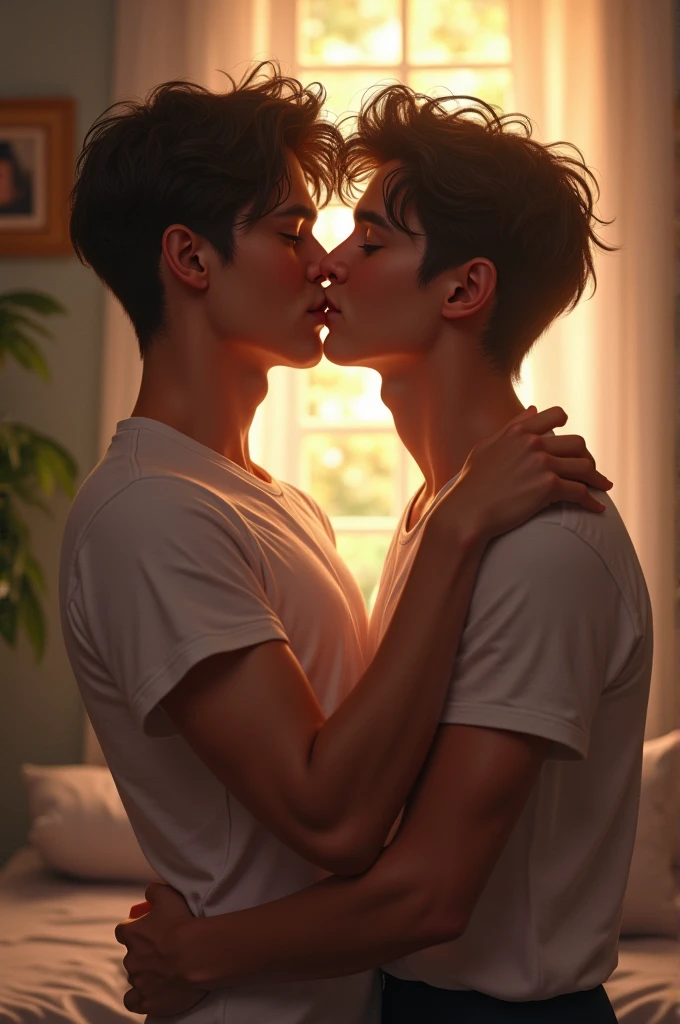 A boy kissing another boy