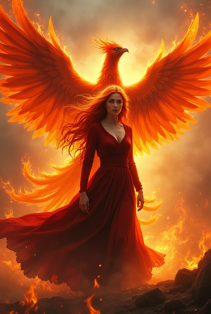 A red-haired witch, coming out of the fire with a phoenix behind, highlighting its beauty and power.