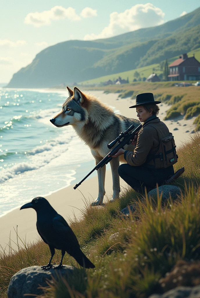 Beach and farm,a wolf and raven,a male sniper and female spotter