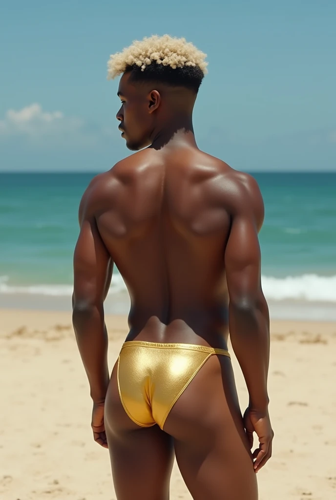 full body wide angle image of a young adult gay black boy, his hair is mid-length curled and platinum blonde with black roots, his body is athletic and tonned with a small back, a small waist, wide hips, big butt and thick thighs. he's backwards at the beach, wearing a golden thong that enhances his bubble butt. His face is rounded and pretty, his eyes are foxy and shiny, his lips are thick, he has an Italian nose, his cheekbones are well defined and soft, his skin is glowing.