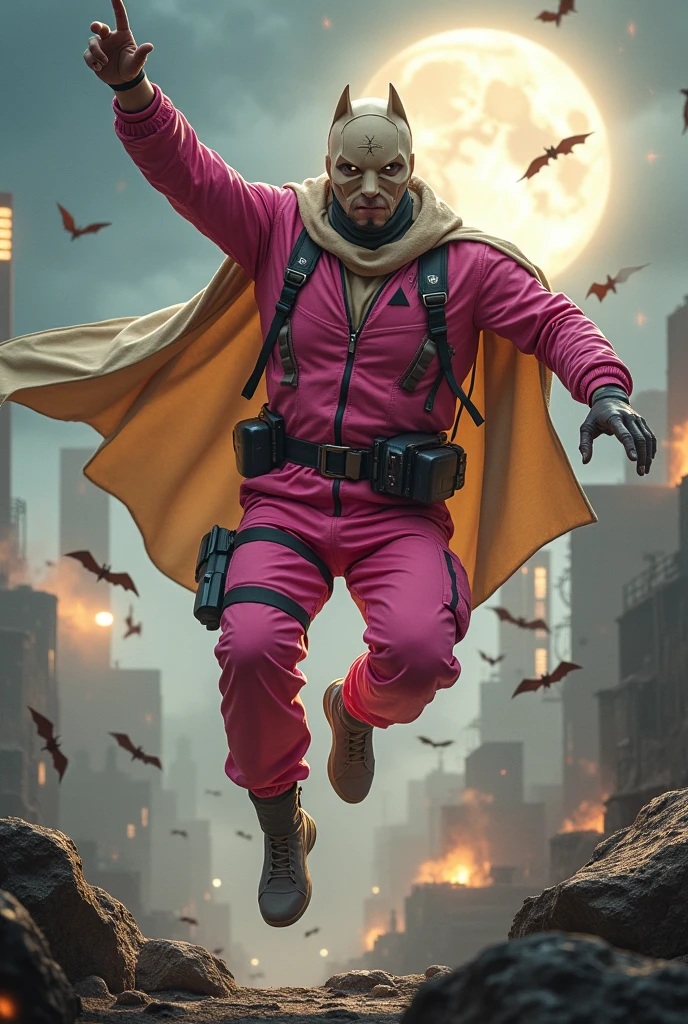 Close up portrait . Malaysia man in high-tech suit, vivid effects, malaysian superhero(( (KELUANG MAN)) in a jumpsuit cargopink and brown beige costume cyberpunk design((, mask small mini bat ear beige,))(( beige bat mask domino beige cover head helmet))jumpsuit dark pink stands confidently in a dramatic.jumping from high place.hero costume.one hand rise up. Kicking air . (Small punisher in triangle shape on chest.). jumping from hight place. Fighting pose , stormy landscape. ((Head covered node guard like batman.)) Running pose , athletic body type, small mini ear bat mask))The character wears domino mask a helmet with pointed mini torn ears and a flowing cape biege, open nose and mouth. Equipped with visible futuristic weapons on a belt,bullet proof jacket pink dark day.show fingers pose, dark night, big supermoon effect . Small logo on chest triangle shape small ((mitch gerads punisher ) )). rocky. Building top.smoke ground , bomb effect background((, losse pants, losses costume.))beige bootsadding to --ar 3:4 --style raw --stylize 500 --v 6.1. chaos. Lot of small flying bat.two Hand ride up , open legs up one leg down in standby for jumping in high place. One leg on the high stone. Man. Backpack . Real man age 40 year old. One hand holding belt. Jump from high place. Open cape.two hand holding pistol