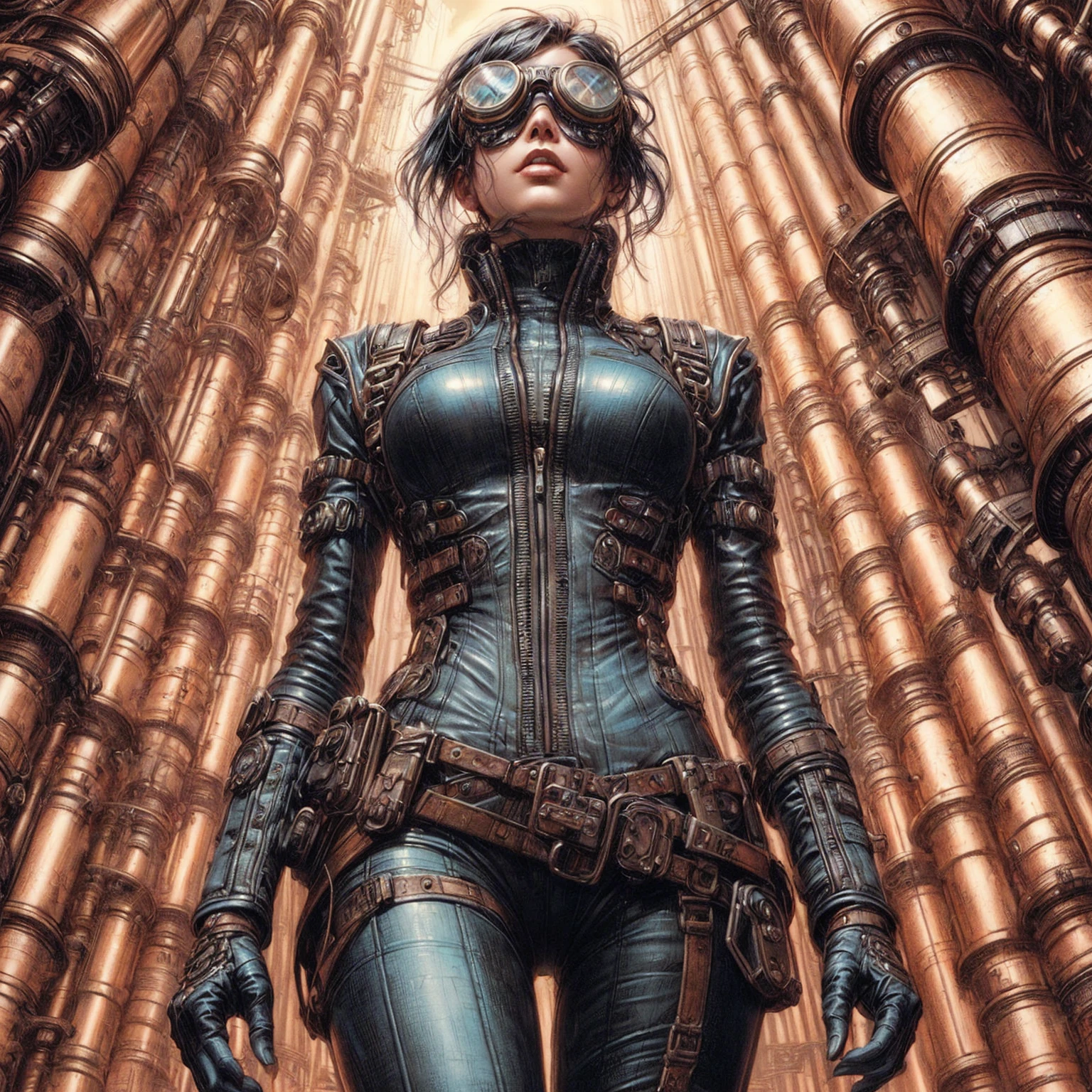 a close up of a woman in a black leather outfit and goggles, artgerm julie bell beeple, steampunk superhero, sci-fi steampunk, chris moore. artgerm, artgerm craig mullins, moebius + artgerm, steampunk cyberpunk, as a retrofuturistic heroine, digital steampunk art, beautiful female neuromancer, scifi woman
