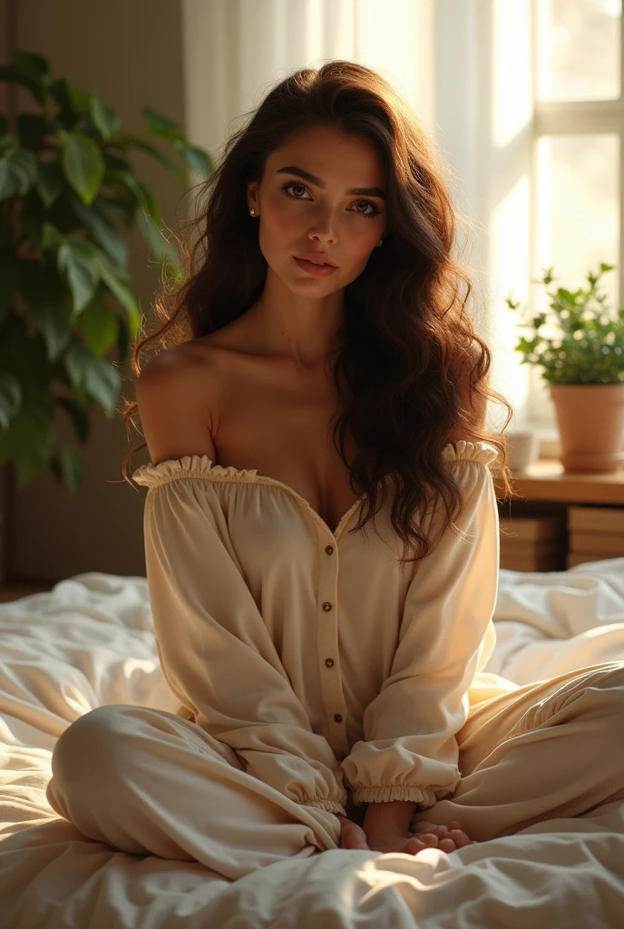 (photorealism:1.2), beautiful woman, sitting on bed, wearing loose off-shoulder top, pajama pants, long curly hair, indoors, soft lighting, plants in background, window with sunlight, cozy room, relaxed pose, realistic, intricate details, warm colors, by Greg Rutkowski, by Alphonse Mucha