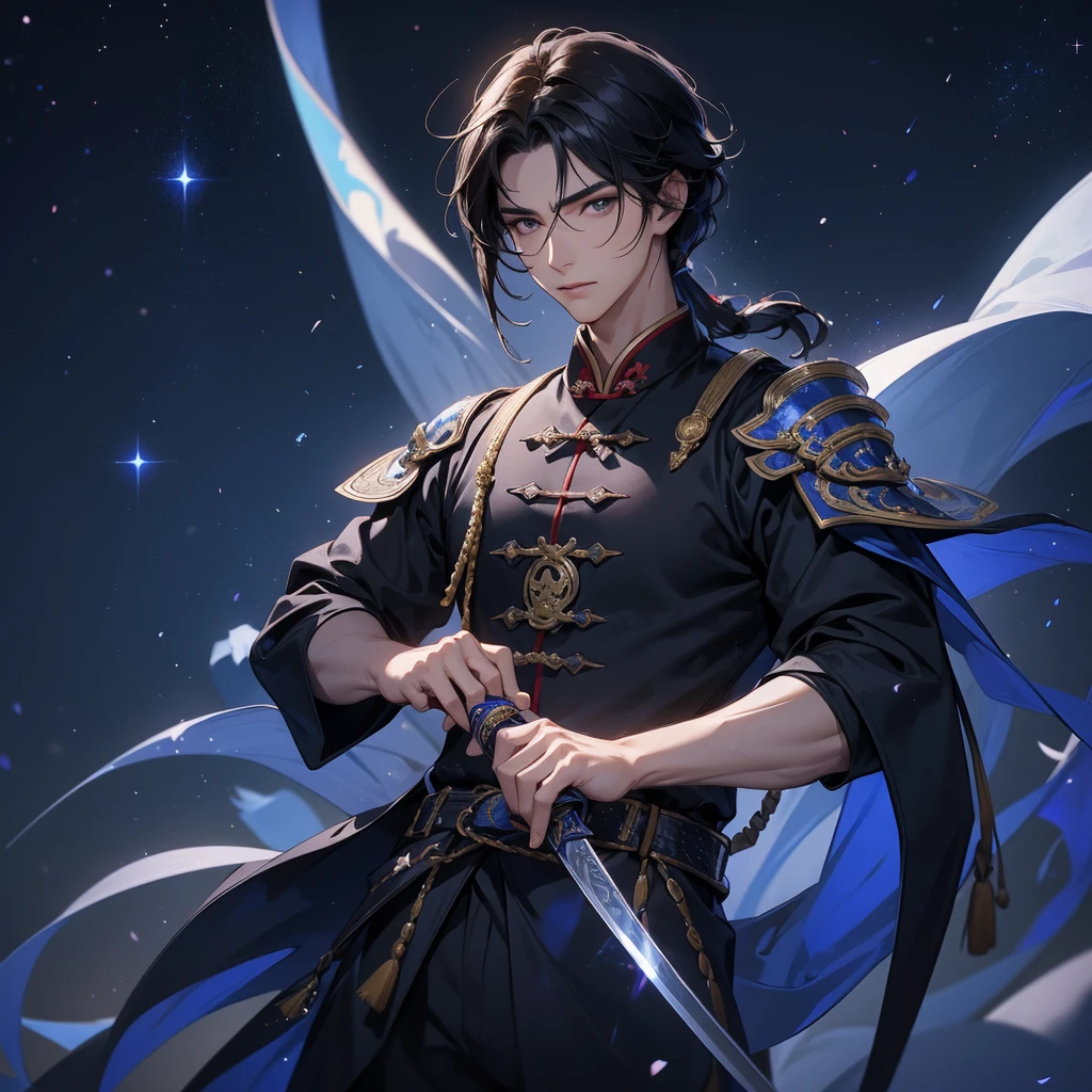 A Handsome black-hair male holding a large sword in an ancient chinese costume, Background is a dark night, with moonlight and millions of stars, twinkling everywhere, with blue light close up.