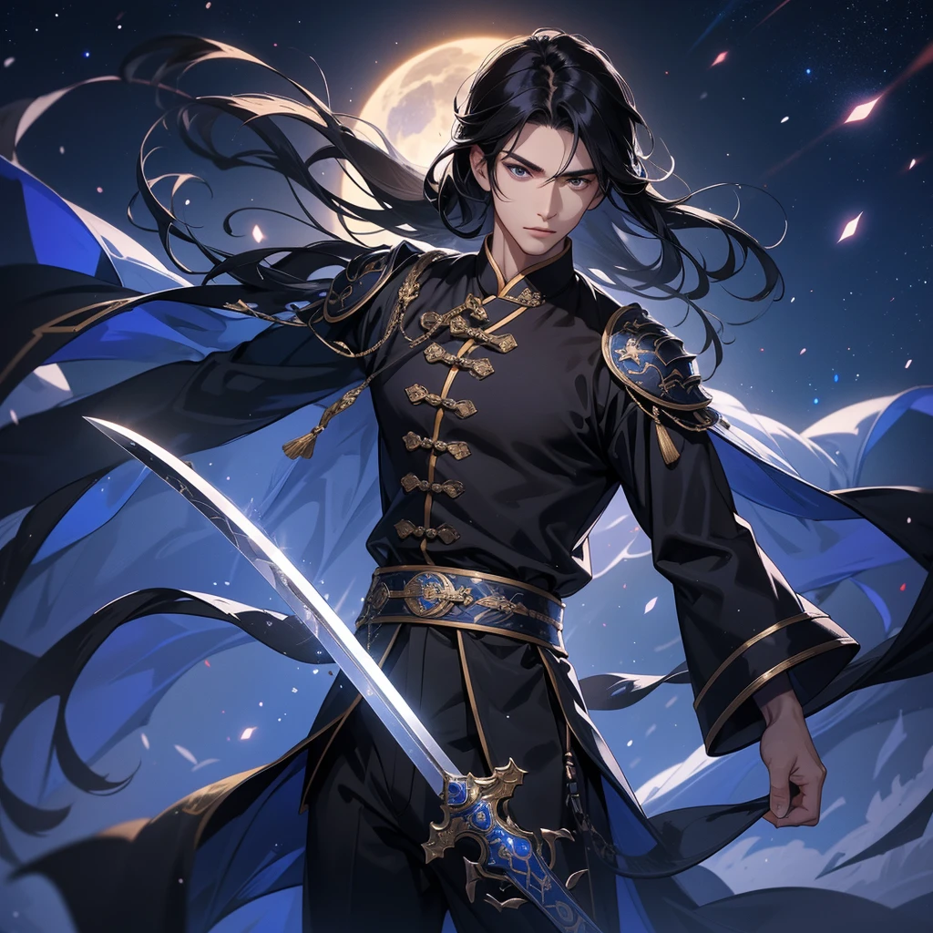 A Handsome black-hair male holding a large sword in an ancient chinese costume, Background is a dark night, with moonlight and millions of stars, ling everywhere, with blue light close up.