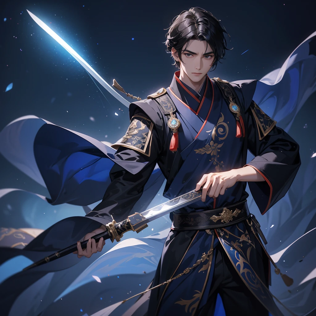 A Handsome black-hair male holding a large sword in an ancient chinese costume, Background is a dark night, with moonlight and millions of stars, twinkling everywhere, with blue light close up.