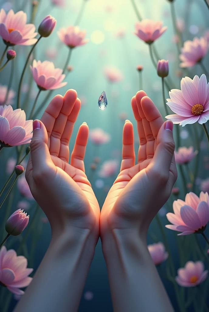 generate me an image of a tear falling delicate flowers hands that seek to touch something but remain suspended in the air
