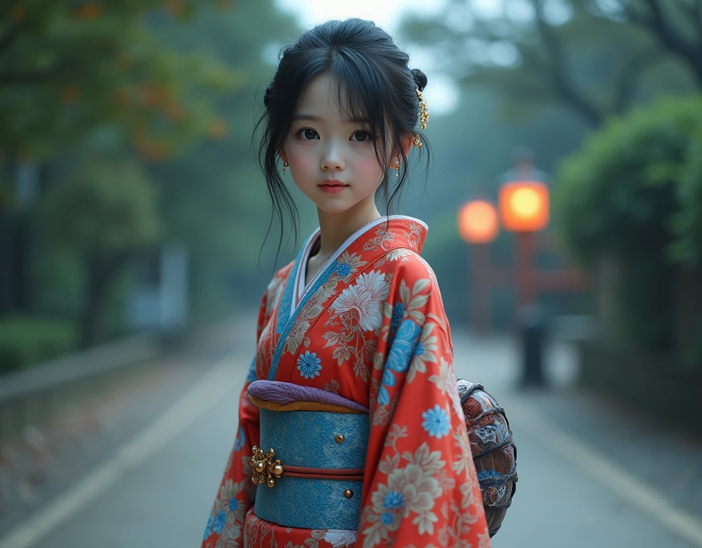 (((Hyperrealistic young Japanese woman))), (((woman standing alone))), Delicate and beautiful face, beautiful black eyes, His face expresses peace, calm, funny, beautiful red blue and white kimono, wooden sandals, Walking in the park, full body girl on the beach, night image, hyperrealistic image, vivid colors, photographic quality