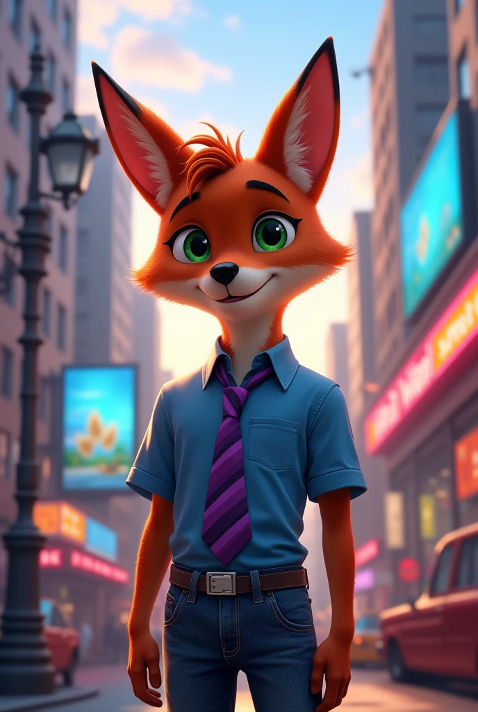 (city Бассенджи, from Wildering, Albrecht Anker, by Foxovh),
One ((Nick Wilde) blue aloha shirt, jeans, purple striped tie, green eyes),
(standing, three-quarter portrait, three quarter view, I look at the viewer:1.25),
break,
(an aquarium, city, neon lights, billboard, window),
(detailed background, depth of field, Sun Ray, surrounding silhouette, Backlight),
masterpiece, Best quality, 4K, 2 thousand., (difficult:0.9), (high detail, shaded, realistic:1.25), absurd resolution