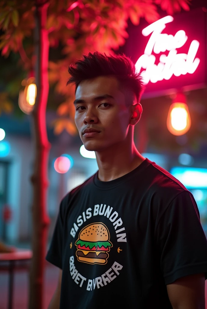 Model man Indonesia cool and cheese face and under cut hair in Jakarta beautiful lamp neon aesthetic and fashion t-shirt tree second