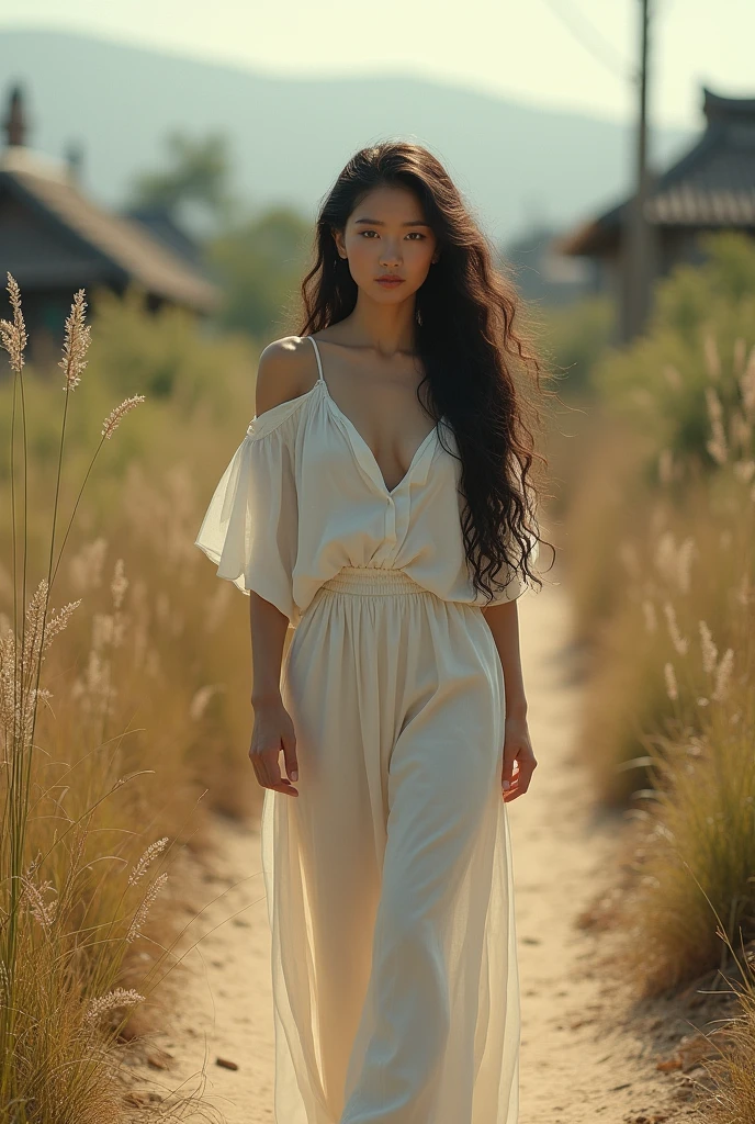 (photorยุคสมัยจีนโบราณสมัยราชวงค์ถังชุ่ยหญิงสาวที่ชุดเสือขาวใบหน้าไม่แต่งหน้าเดินท่าทางอ่อนแรงในถนนดินท่างออกจากเมืองไปหมู่บ้านชนบทกััันดารบรรยากาศพงหญ้าขึ้นริมทางเท้าที่แห้งเหี่ยealism:1.2), beautiful woman, sitting on bed, wearing loose off-shoulder top, pajama pants, long curly hair, indoors, soft lighting, plants in background, window with sunlight, cozy room, relaxed pose, realistic, intricate details, warm colors, by Greg Rutkowski, by Alphonse Mucha
