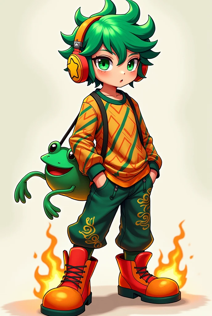 male character, with green hair, green eyes, headphones with stars, a frog bag, fire pattern shirt, fire pattern pants, orange and red boots.