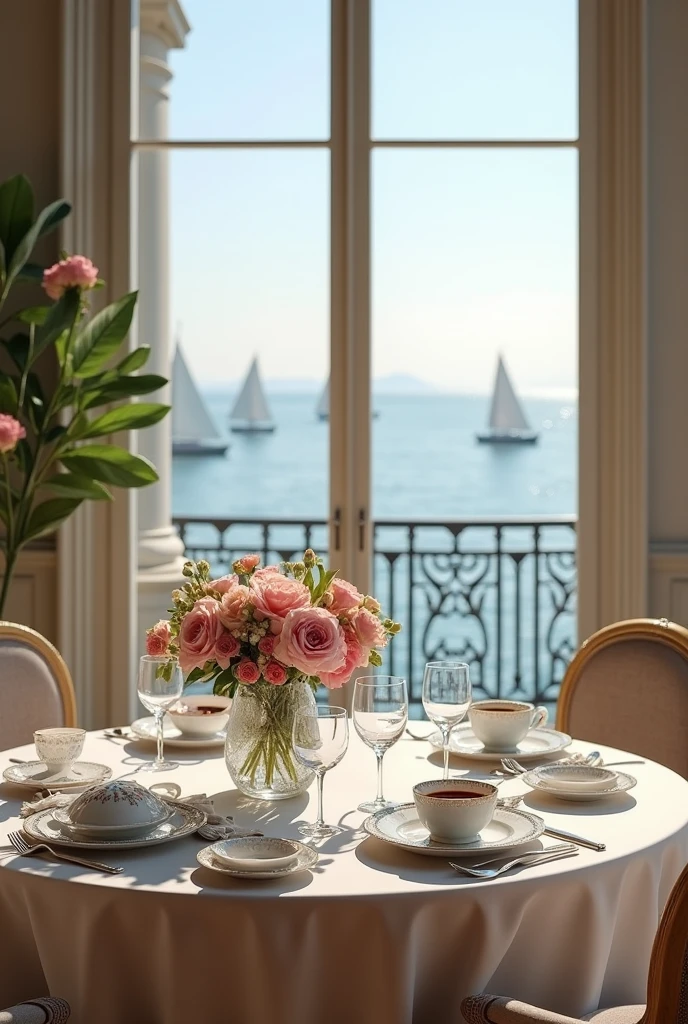 create a realistic photo of a breakfast table, in a house facing the sea. chic and neoclassical house