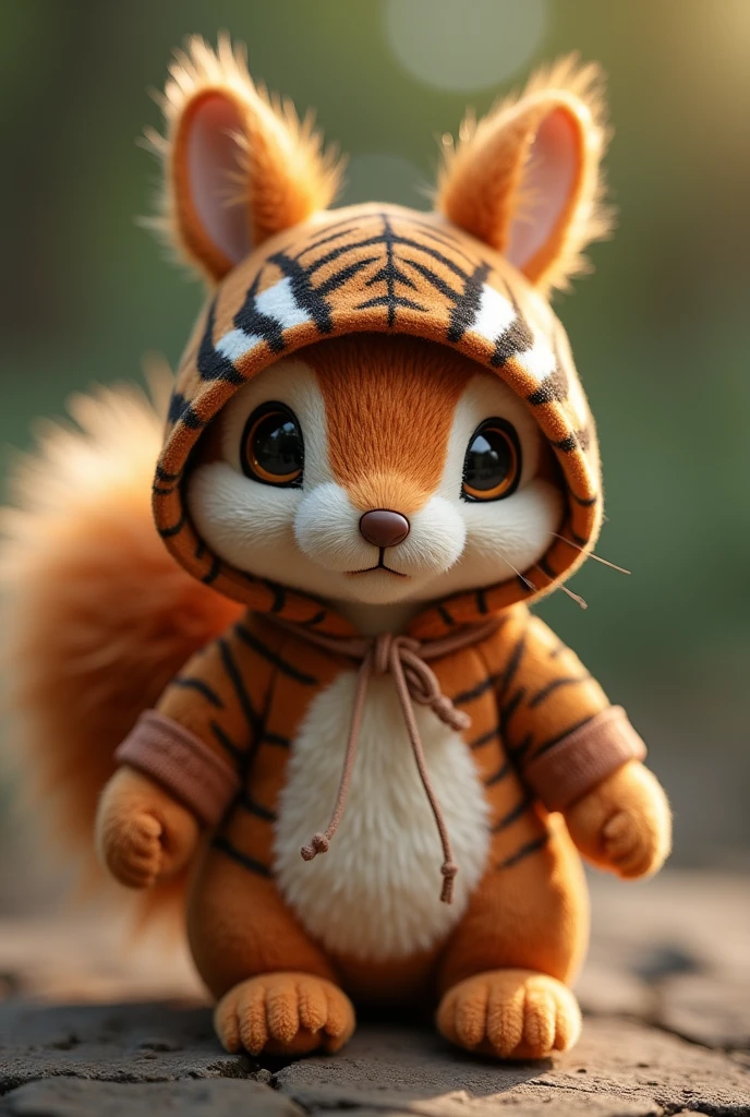 Brown squirrel doll with brown hood with tiger design