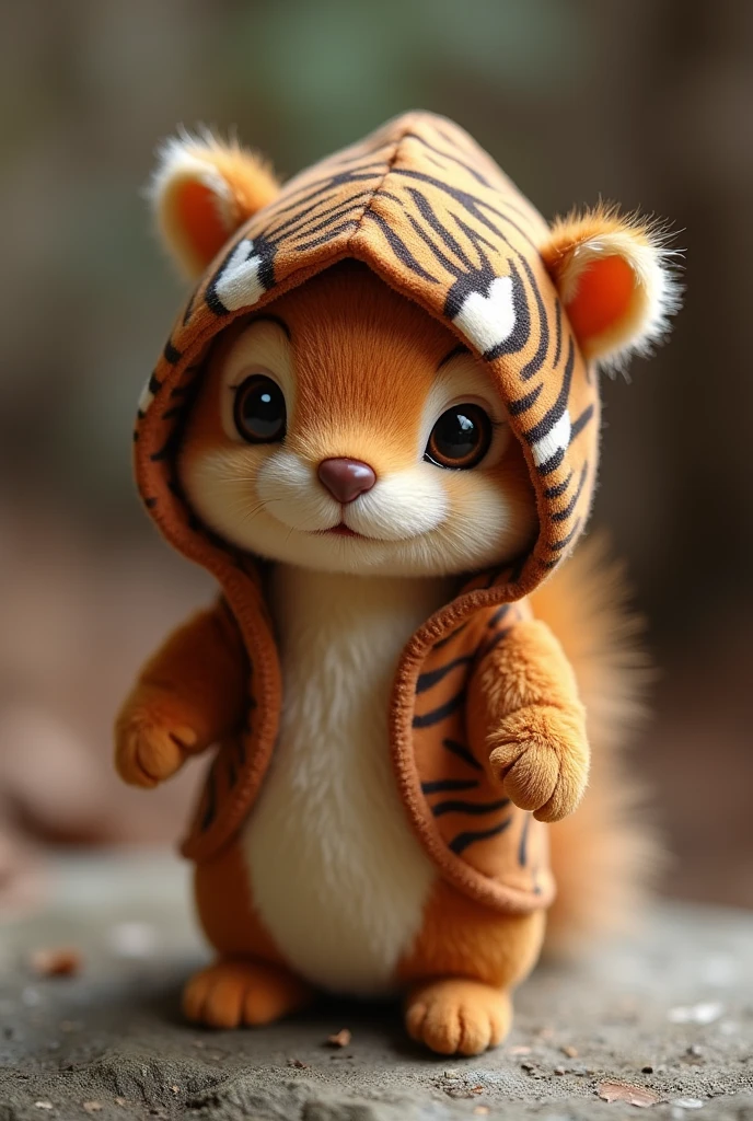 Brown squirrel doll with brown hood with tiger design