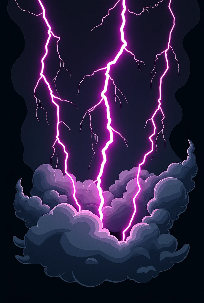 T-shirt with black background image print with gray clouds and 3 thick dark purple lightning bolts in comic book comic art style