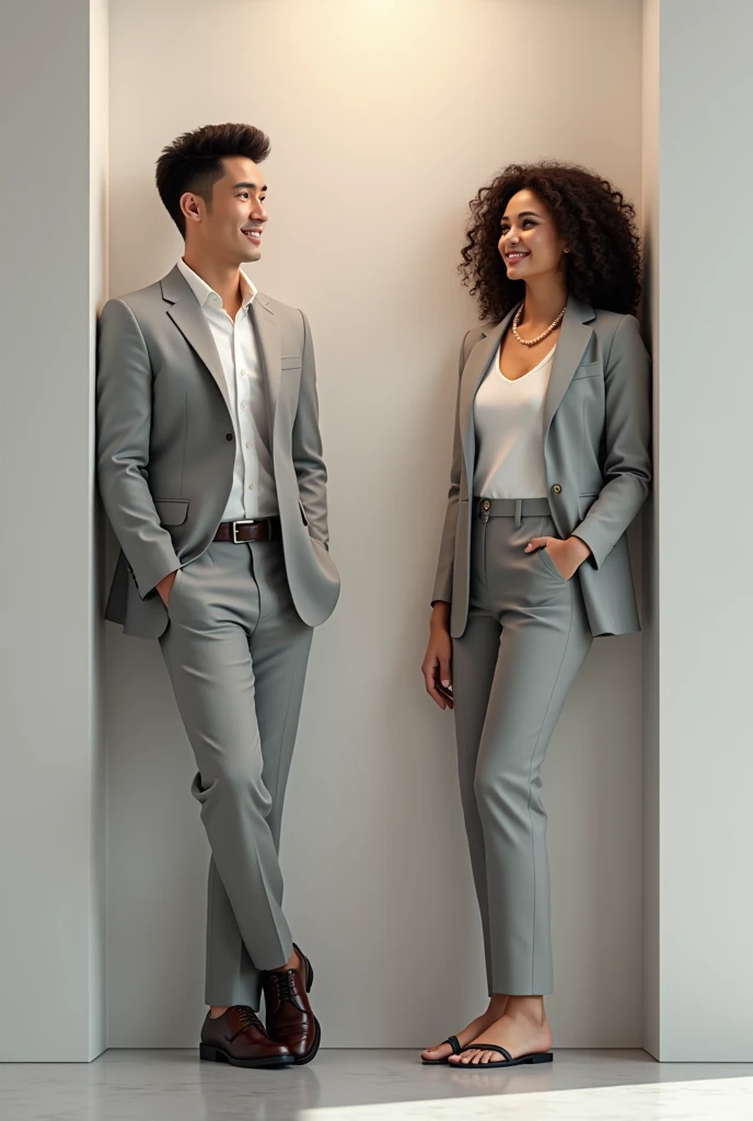 man of average height, athletic body, skin fair, short dark brown curly hair, smiling and wearing a light gray suit, leaning against a thin wall. On the other side of the wall a woman of average height, not very athletic body, skin fair, medium dark brown curly hair, smiling and wearing a light gray men's suit, leaning. realistic styling