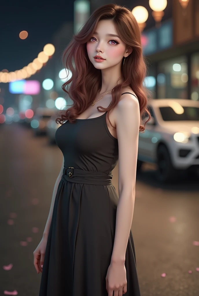 Light pink hair, pink eyes, pink and white, sakura leafs, vivid colors, white dress, paint splash, simple background, ray tracing, wavy hair