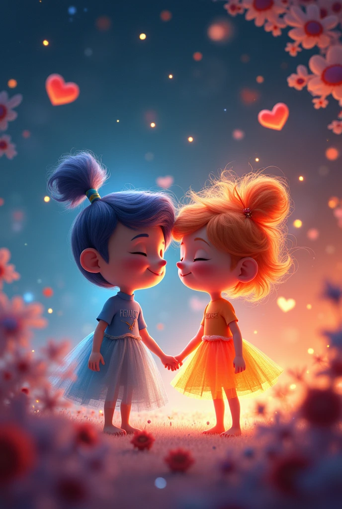 Create two animated characters in love named Serotonin (quiet) and Dopamine (happiness) inspired by the movie intensely