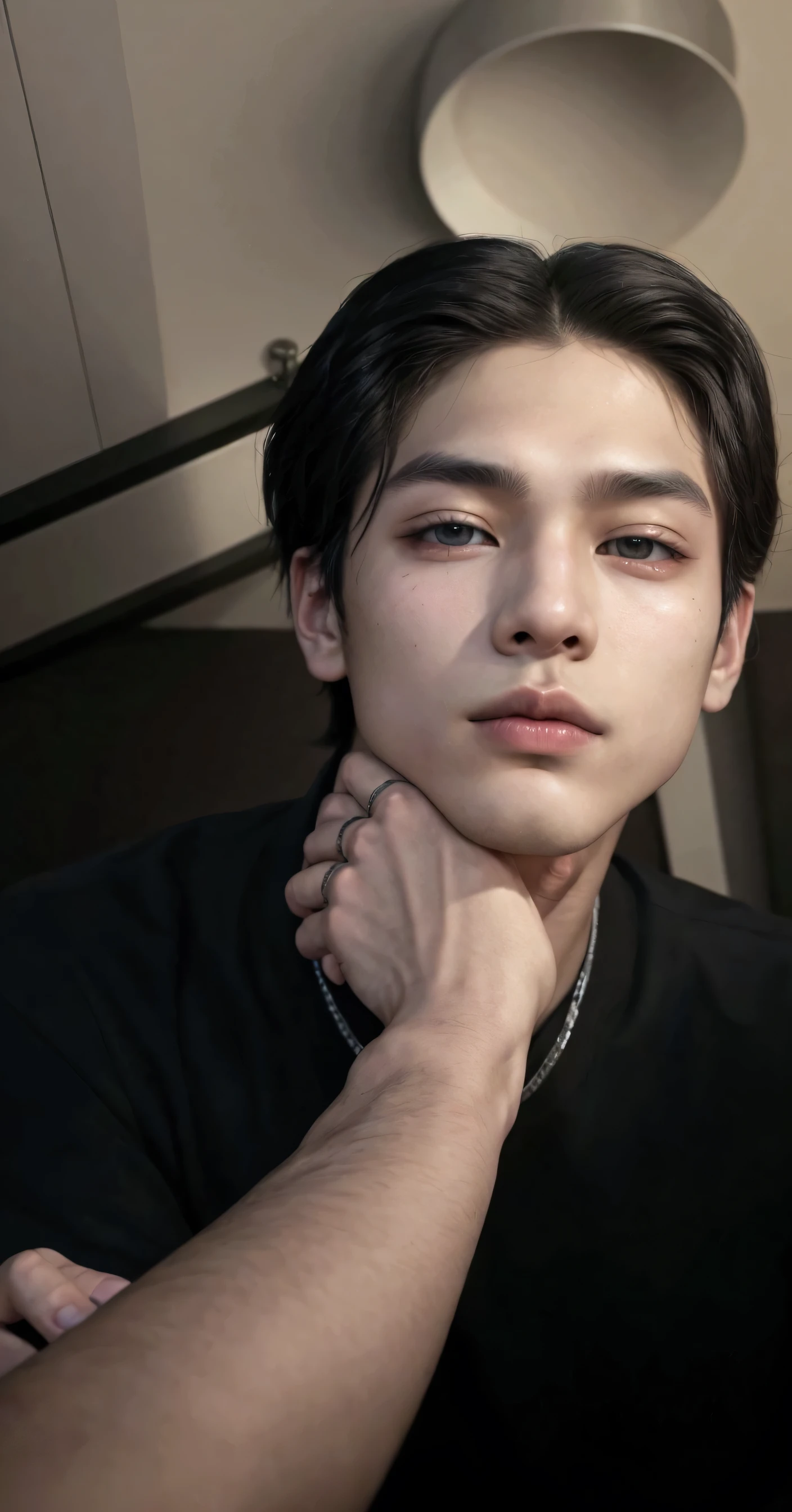 there is a man sitting down with his hand on his chin, 1 fine roast, Lindo Chad Chin, Cute androgynous prince, by Robbie Trevino, tommy 1 , Thawan Duchanee, taken at the beginning of 2020, androgynous face, inspirado em Kim Taehyung, V bts